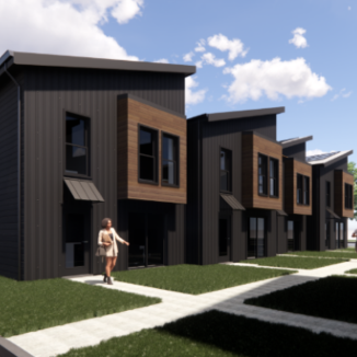 Rendering of four modern, black houses