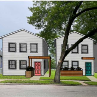 Rendering of two grey houses with colored doors