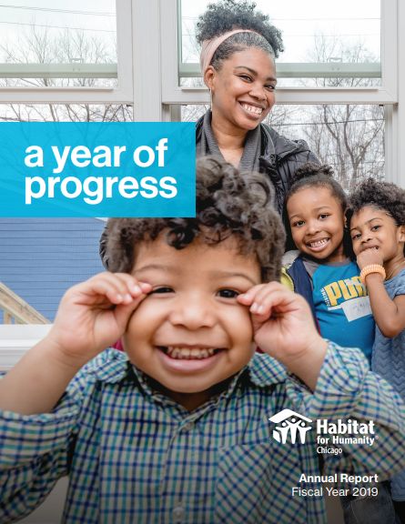 2019 Annual Report Cover - A Smiling Chicago Family in Their New Habitat Home