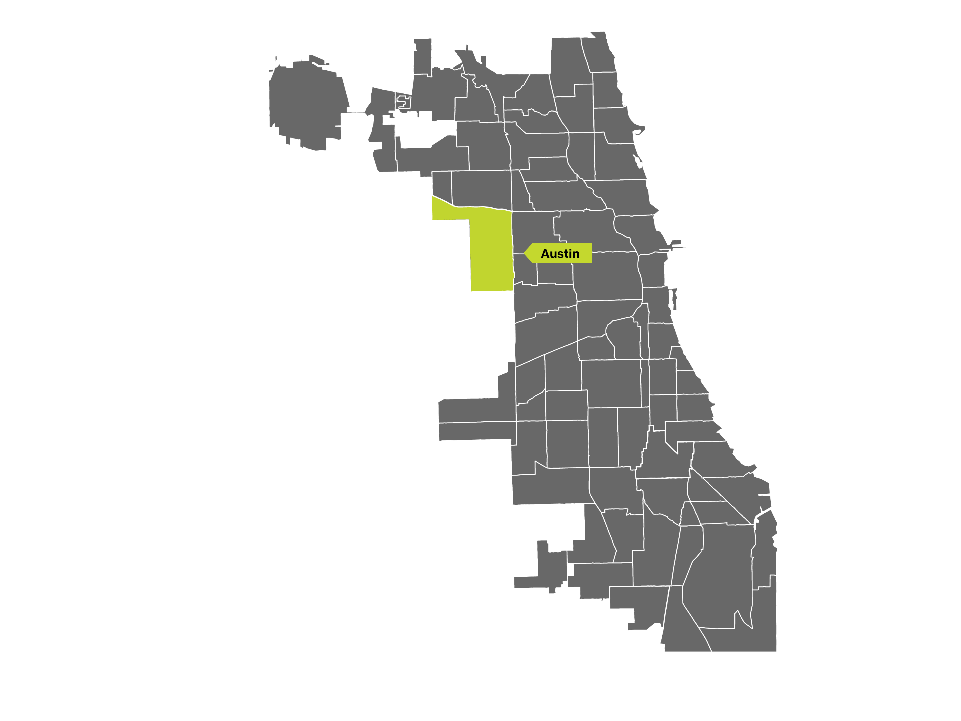 Chicago map that is highlighting the Austin neighborhood in green