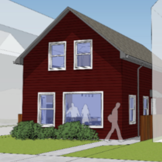 Rendering of a red, A-frame house