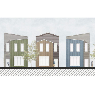 Rendering of three houses, each with different color facade