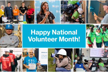 Photo collage of different volunteers with the words "Happy National Volunteer Month!" in the middle of the images